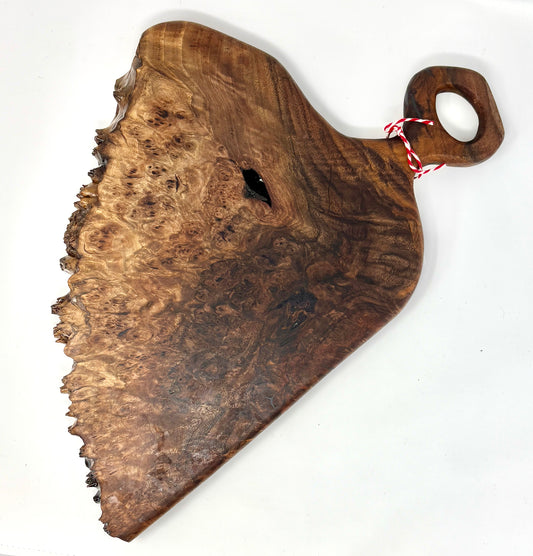 Artisanal Wood Creations: Curly Claro Walnut Boart w/ Purpurite Inlay and Live Edge