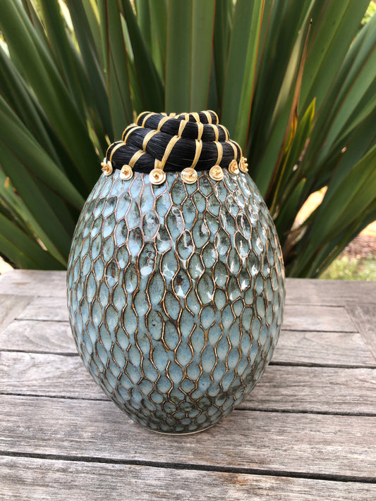 Valerie Seaberg: Blue Carved Horse Hair Vessel