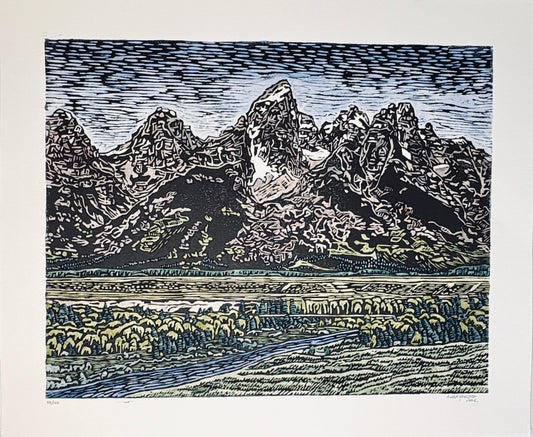 Anika Youcha: Hand Colored Grand Teton Woodblock Print