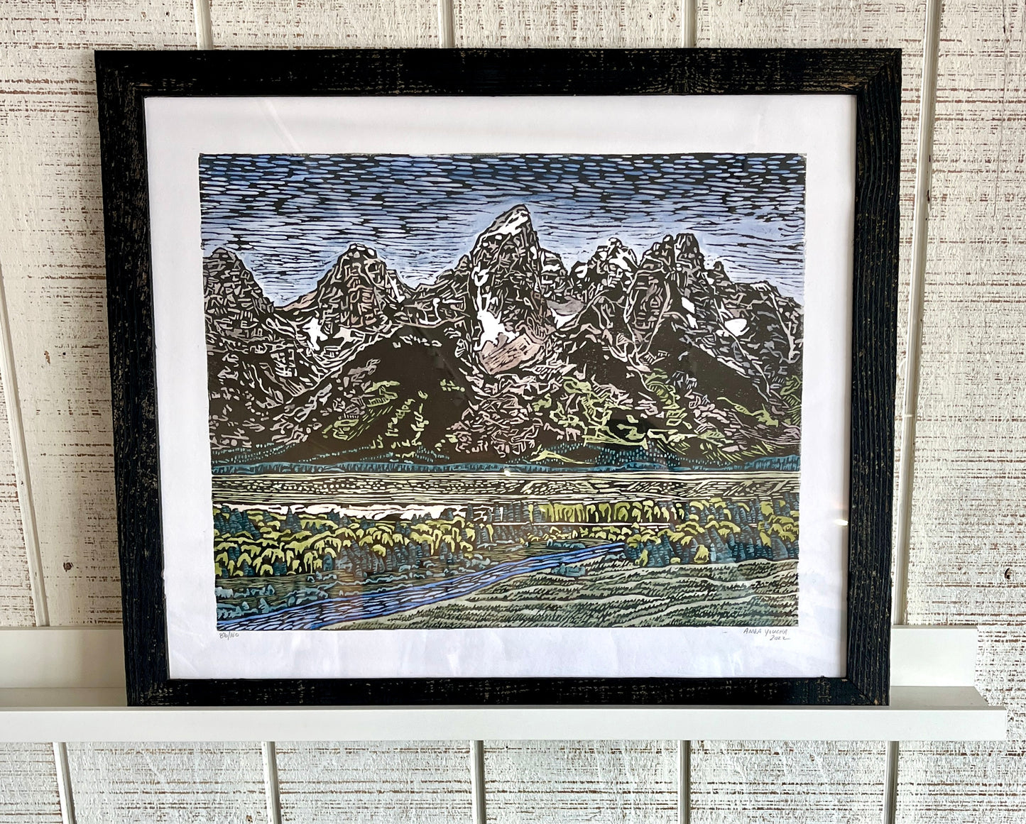Anika Youcha: Hand Colored Grand Teton Woodblock Print (Framed)