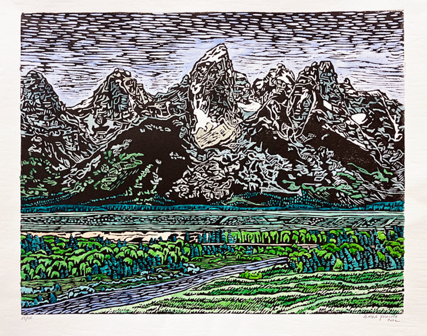 Anika Youcha: Hand Colored Grand Teton Woodblock Print
