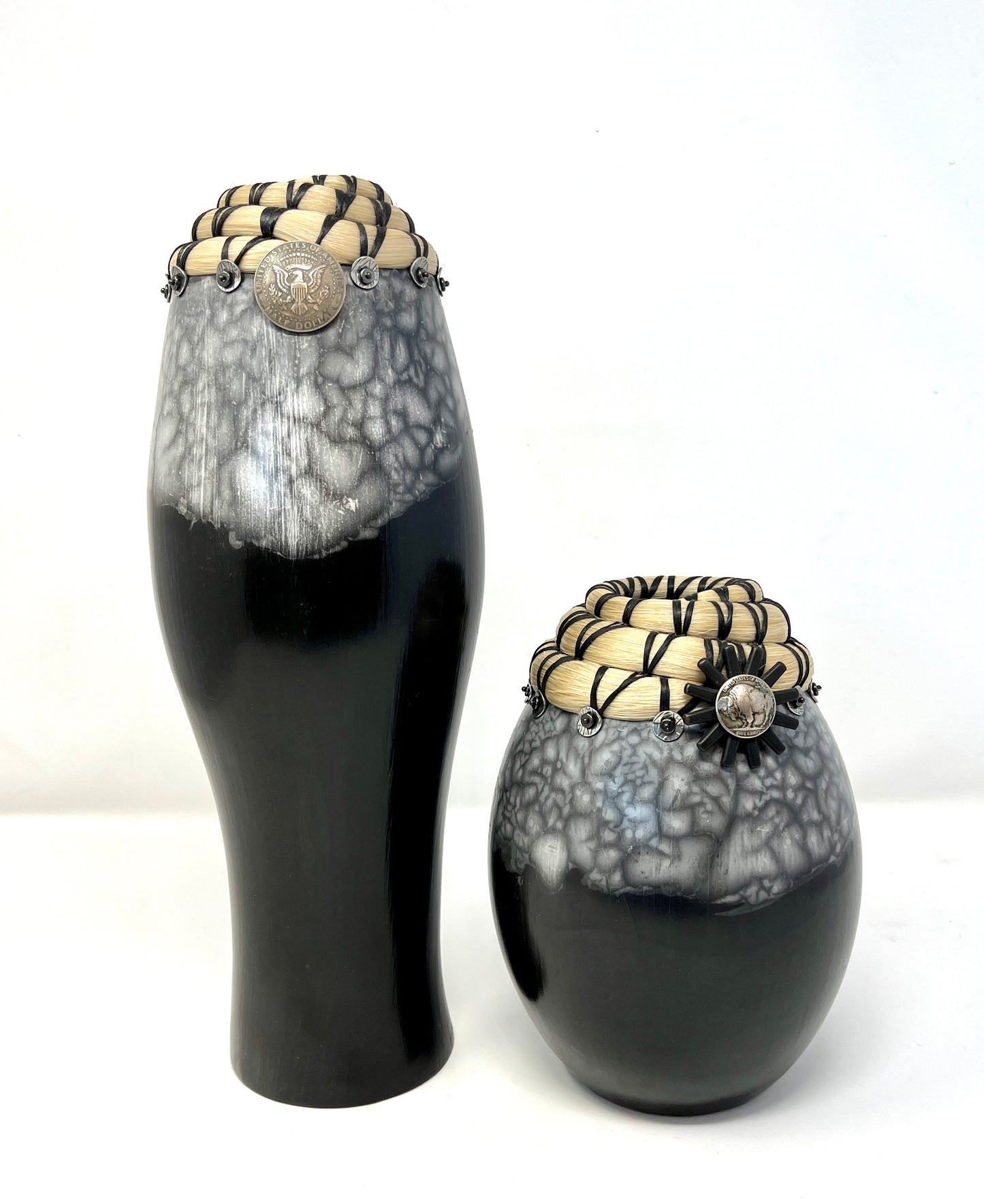 Valerie Seaberg: LG Raku Vessel with Horse Hair and Silver Dollar