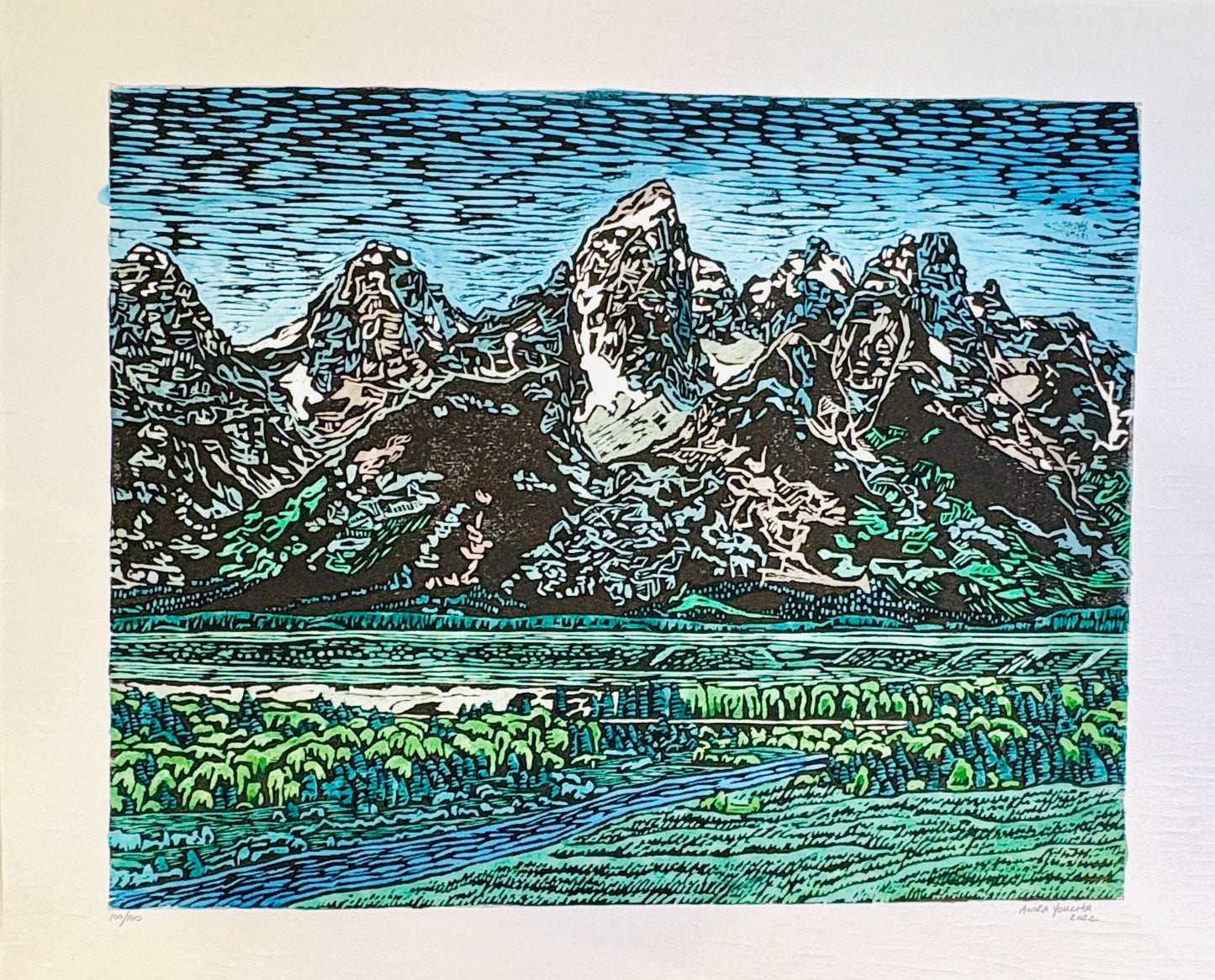 Anika Youcha: Hand Colored Grand Teton Woodblock Print