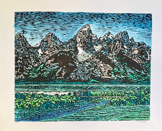 Anika Youcha: Hand Colored Grand Teton Woodblock Print