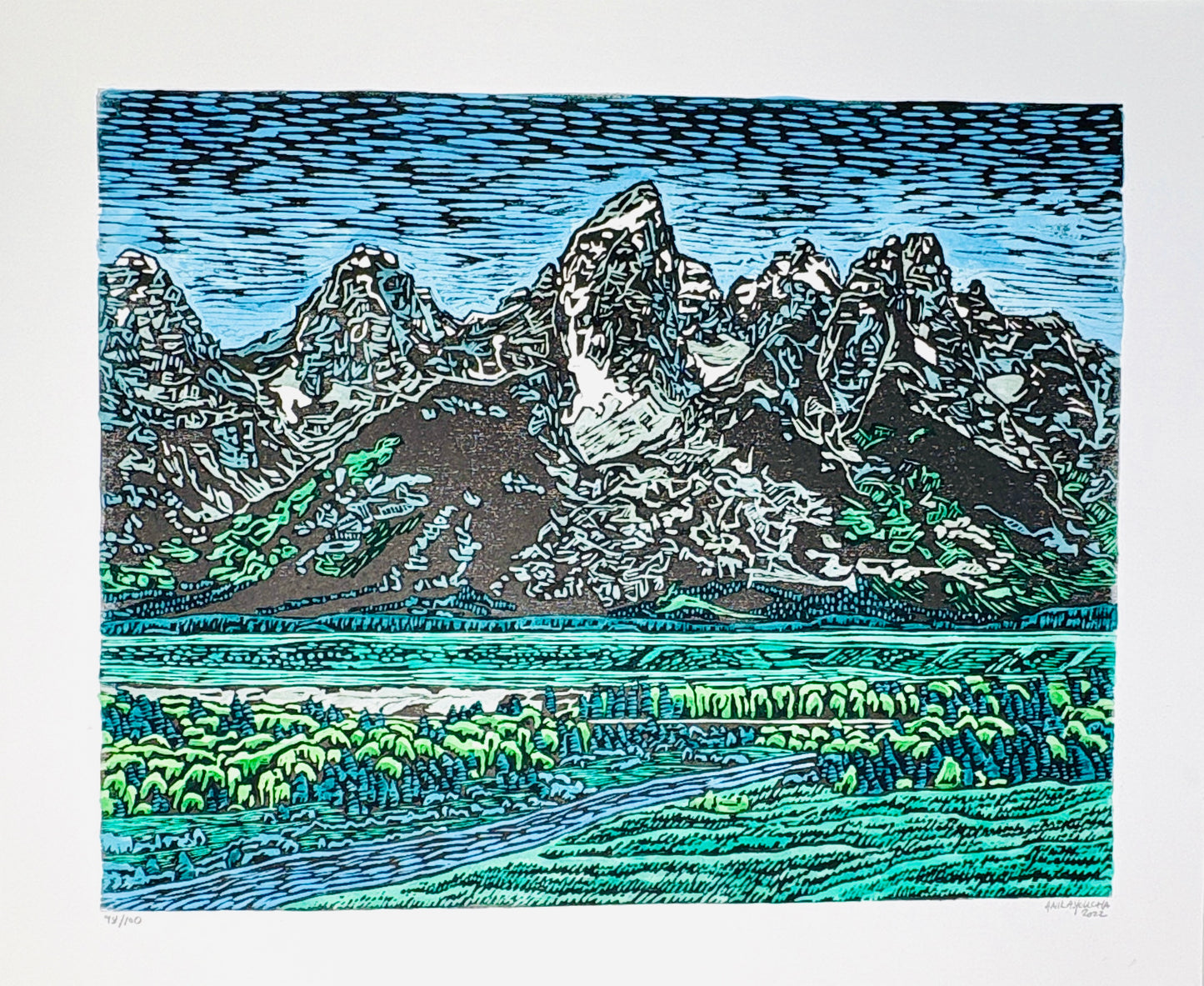 Anika Youcha: Hand Colored Grand Teton Woodblock Print