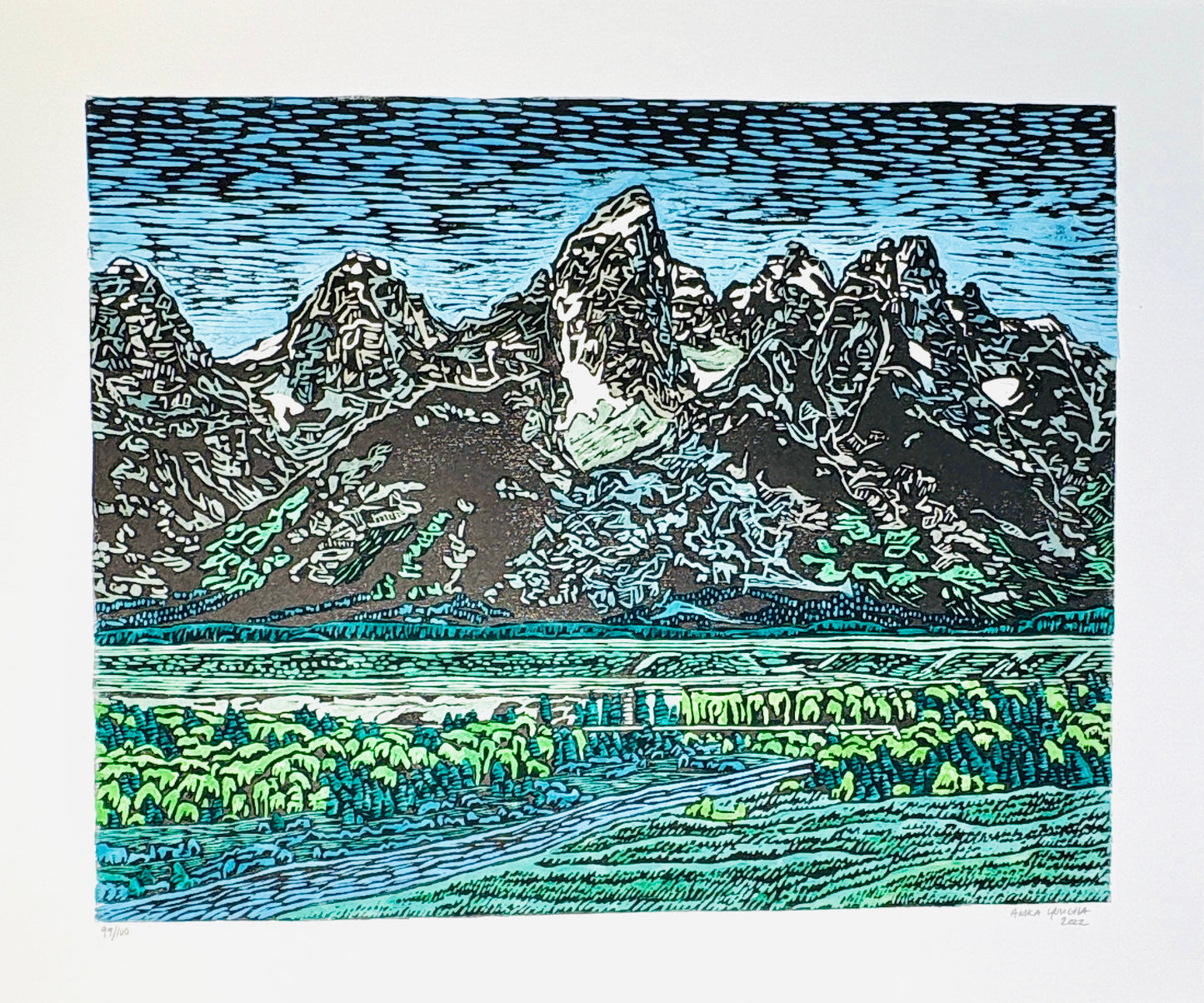 Anika Youcha: Hand Colored Grand Teton Woodblock Print