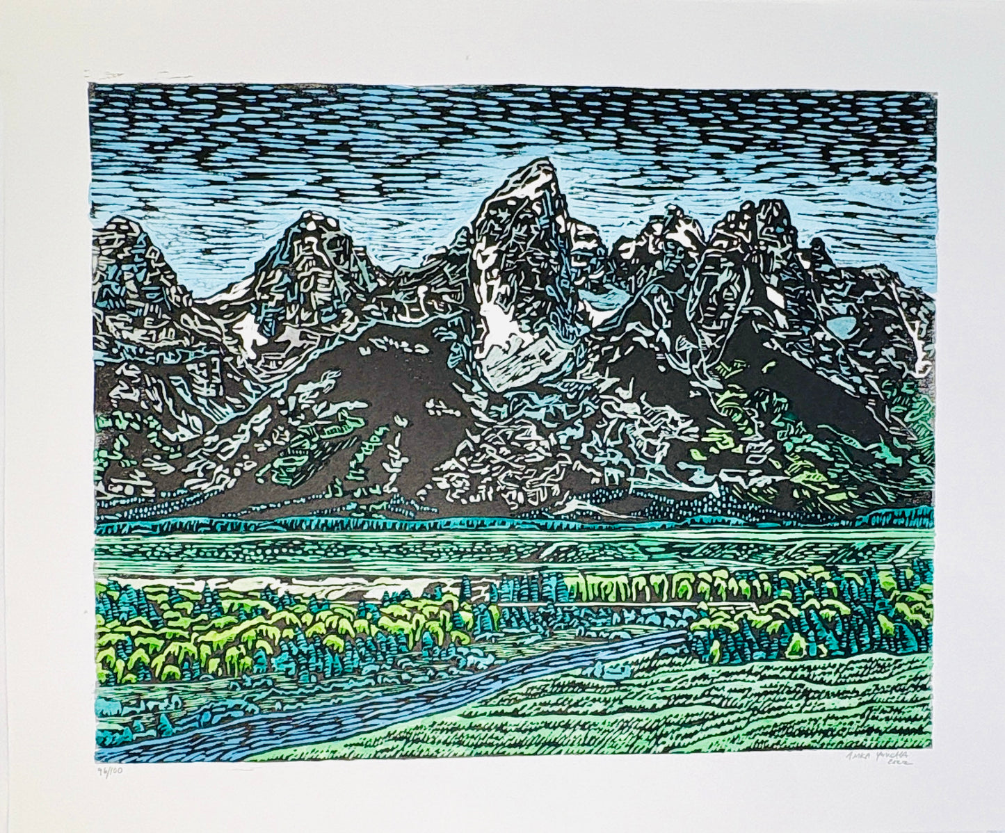 Anika Youcha: Hand Colored Grand Teton Woodblock Print