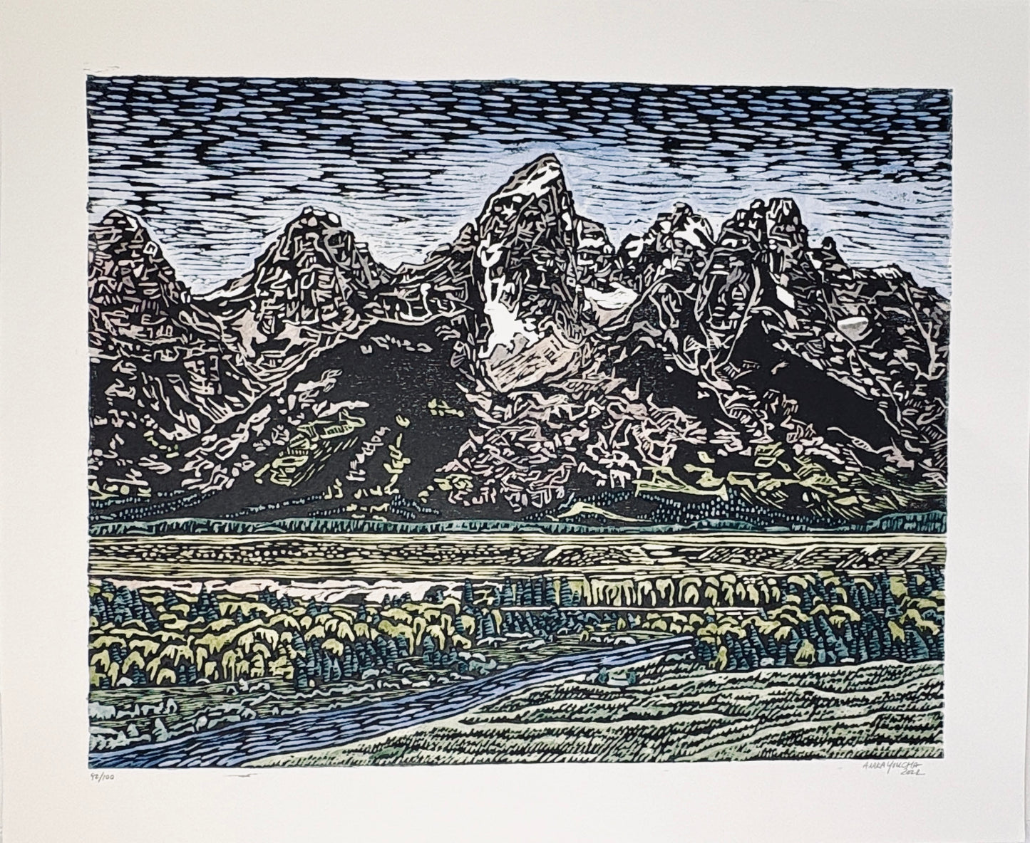 Anika Youcha: Hand Colored Grand Teton Woodblock Print
