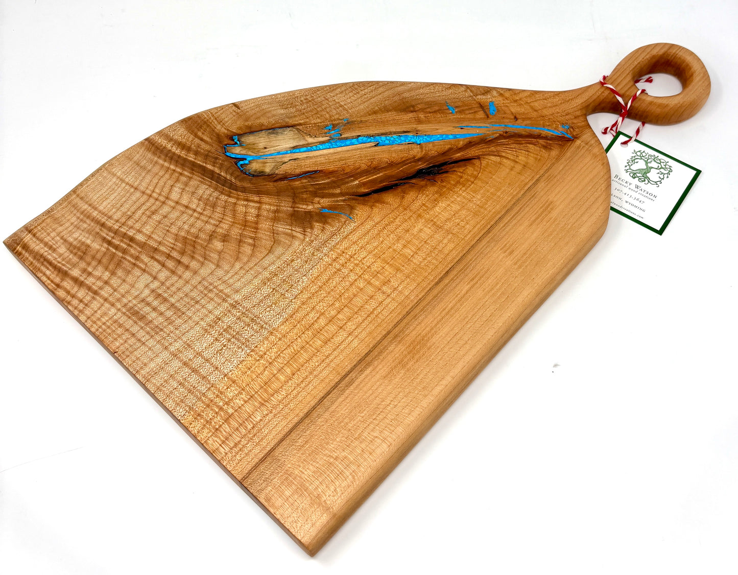 Artisanal Wood Creations: Curly, Feathered Maple with Turquoise Inlay