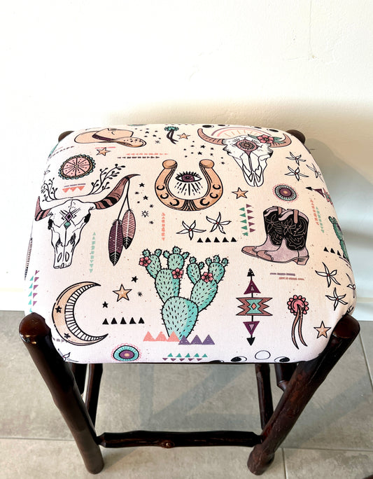 Albright Upholstery: Western Bohemian Print Stool (White)