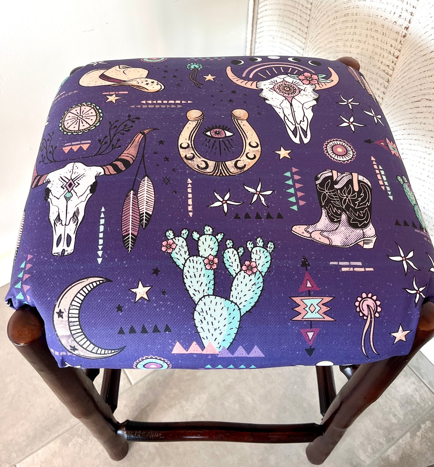 Albright Upholstery: Western Bohemian Print Stools (Dark Print)