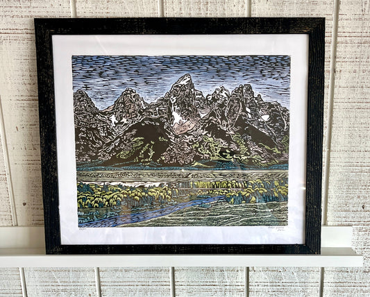 Anika Youcha: Hand Colored Grand Teton Woodblock Print (Framed)