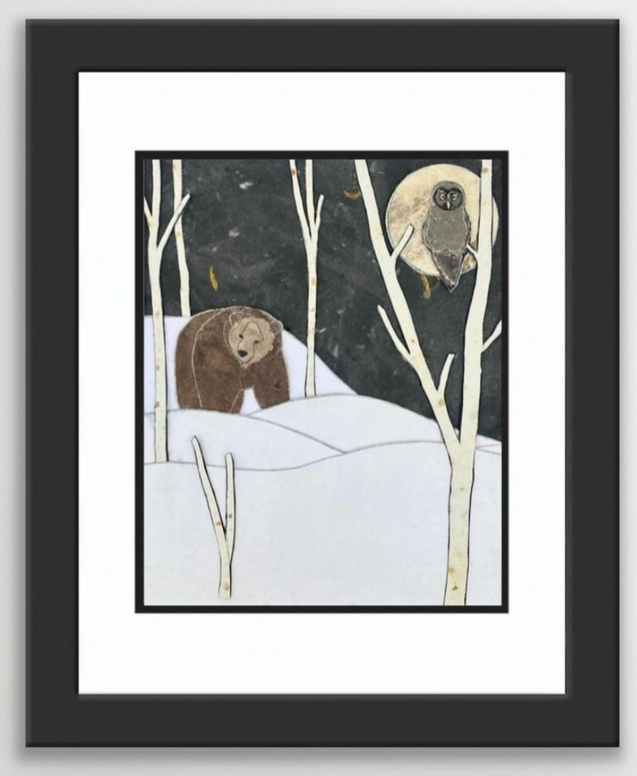 Kris Batchelder: Snowy Night Grey Owl & Grizzly Original